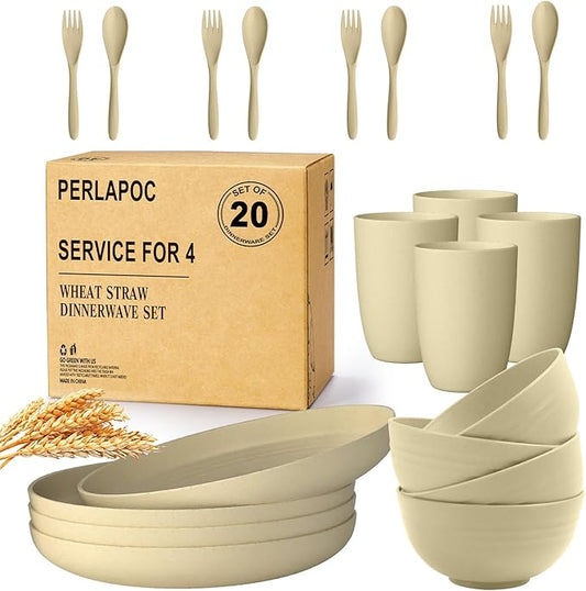 Kitchen Wheat Straw Dinnerware Sets for 4, Unbreakable Dish Set 20-Piece - Dinner Plate/Cereal Bowl/Cup/Fork/Spoon, for Outdoor Camping, RV, Apartment Essentials - Beige