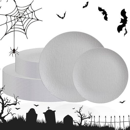 WONDERFUL 32pcs Light Grey Plastic Plates Reusable Unbreakable & Dishwasher safe Dishes Set Outdoor Plates Includes:16 Dinner 10" and 16 Dessert Plate 7.3" Ideal for BBQ Camping