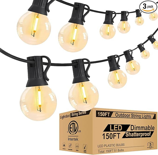 Lightdot 150FT Outdoor String Lights, LED Bistro String Lights with Shatterproof ST38 Bulbs, 2700K Dimmable, Waterproof Hanging Lights for Porch, Party, Garden, Backyard, Balcony - ETL Listed