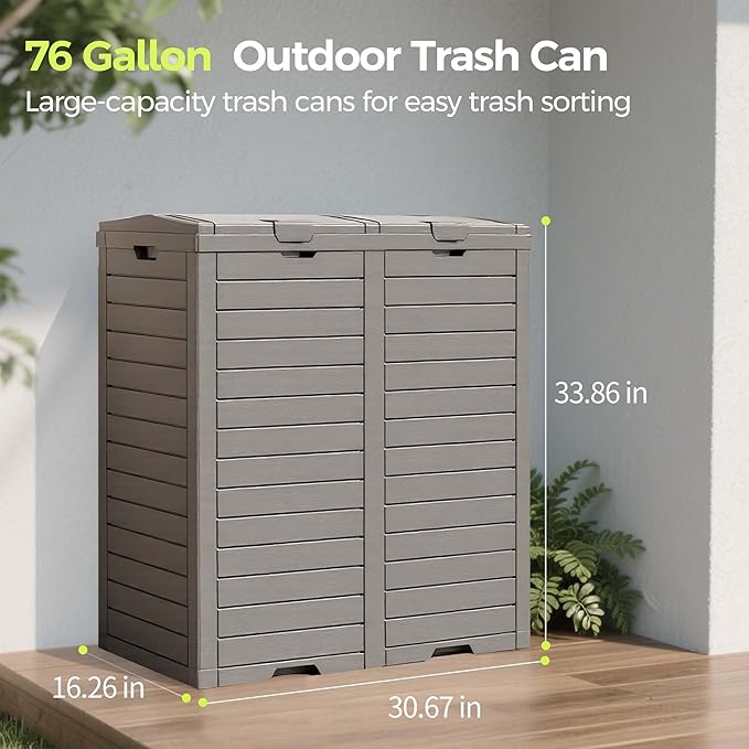 76 Gallon Outdoor Trash Can Waterproof Resin Garbage Can with Tiered Lid & Drip Tray Indoor and Outdoor Use Trash Bin for Patio Kitchen, Backyard & Deck, Gray