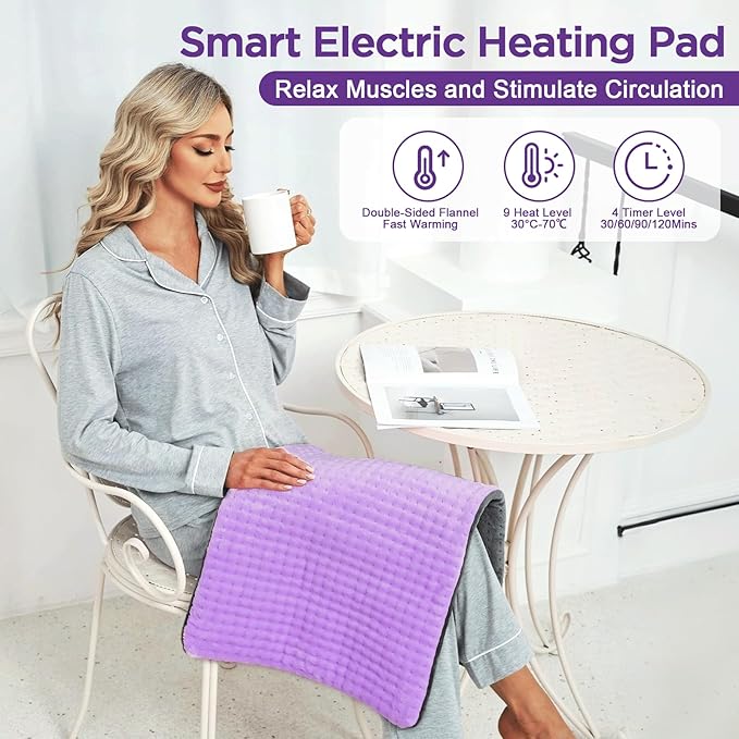 Heating Pad, 12"×24" Electric Heat Pad for Back, Neck, Shoulders, Cramps, Menstrual Pain, 9 Heat Settings & 4 Auto-Off Timers, Soft Machine Wash Fabric,Christmas Gifts for Women Mom,Purple+Grey