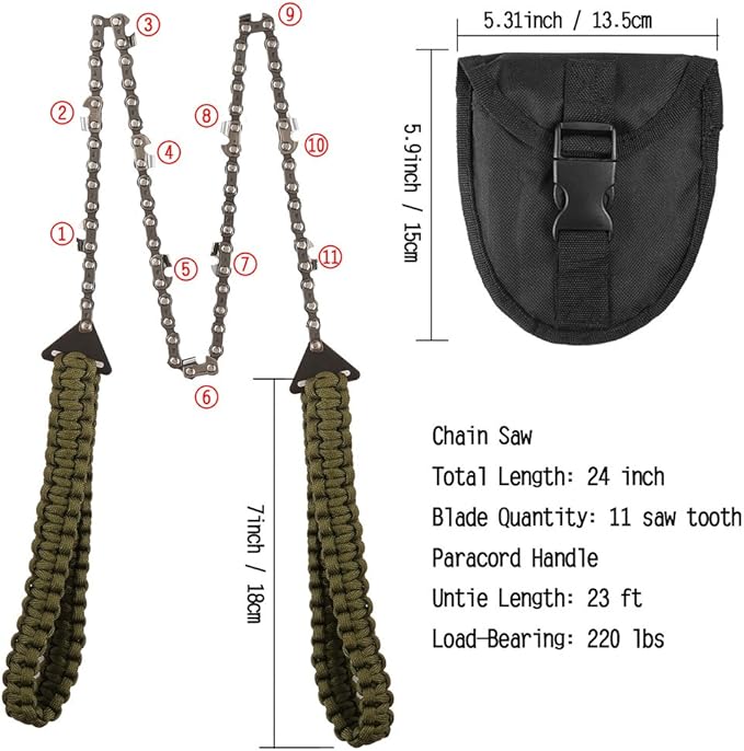 Pocket Chainsaw with Paracord Handle 24 Inches 11 Teeth Folding Chain Hand Saw Fast Wood & Tree Cutting Emergency Survival Gear Best for Camping Backpacking Hiking Hunting
