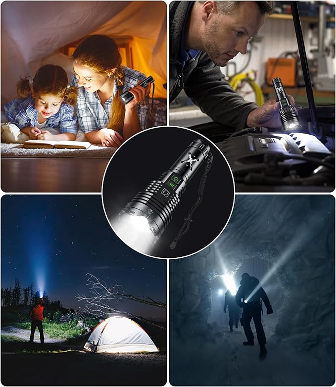 LED Rechargeable Flashlights High Lumens,6000.000 Lumens Super Bright Flashlight with Type-C Charging Port,6 Light Modes,Zoomable,IP67 Waterproof, Tactical Flashlight for Emergencies Camping