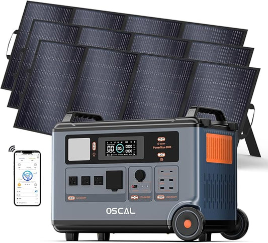 OSCAL PowerMax 6000 Power Station with 3×400W Solar Panel, 120V/240V Split Phase Voltage 6000W AC Outlets (7200W Peak), 2200W AC Charging/2400W Solar Charging, Emergency for Home, Battery Backup Bank