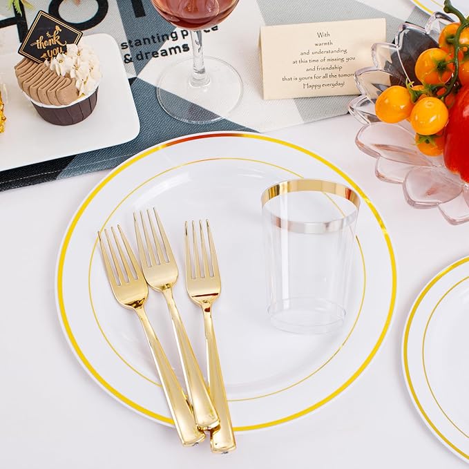 350 Pieces White and Gold Plastic Plates - 50 Guest Thanksgiving Dinnerware Set Include 100 Plates, 50 Plastic Silverware, 50 Napkins and 50 Cups for Thanksgiving