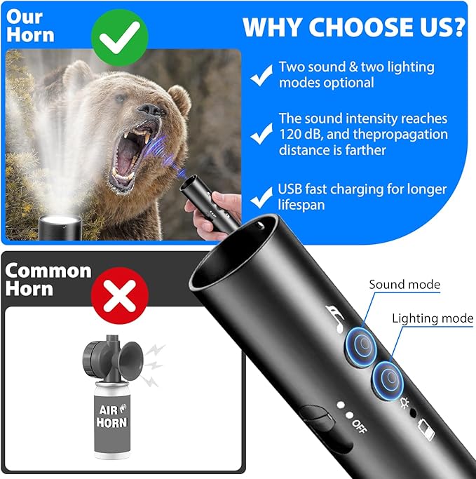 Electronic Bear Air Horn,120dB Bear Whistle with Flashlight Bear Spray self Defense 40 feet Hiking Emergency Whistle Can Replace Bear Bell