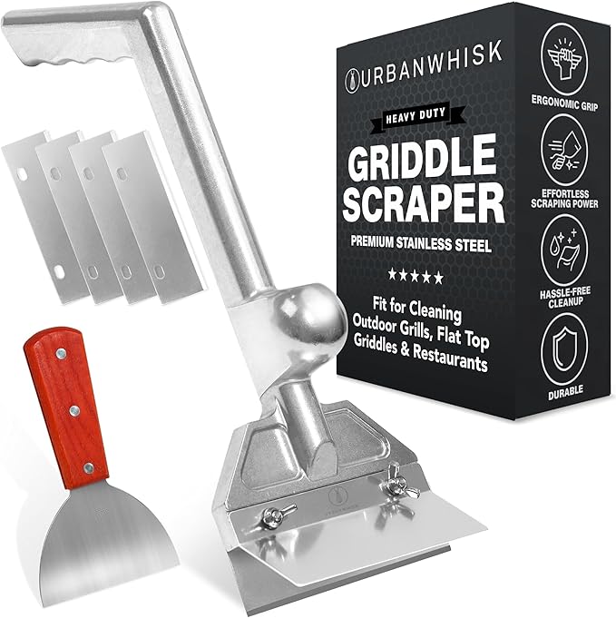 Heavy-Duty Griddle Scraper Kit – Griddle Scrapers for Flat Tops & Grill Scraper with Ergonomic Handles, Splash Guard, 4 Extra Blades for Effortless Burnt-On Grease Removal