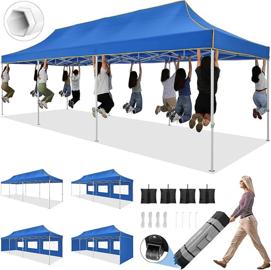 HOTEEL 10x30 Pop up Canopy Tent for Parties, Heavy Duty Easy Setup Tent with 5 Sidewalls, Outdoor Commercial Instant Gazebo for Wedding Event, with Roller Bag & Sand Bags, Blue(Hexagonal Frame)