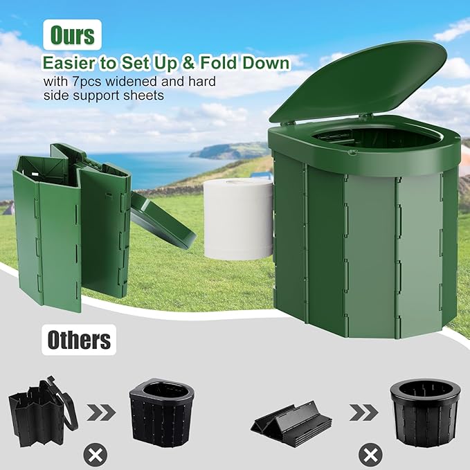 Portable Camping Toilet, Folding Toilet for Adults with Lid and Retractable Toilet Paper Holder, Waterproof Porta Potty with Carry Bag and Disposible Liners for Hiking, RV Travel, Road Trips, Green