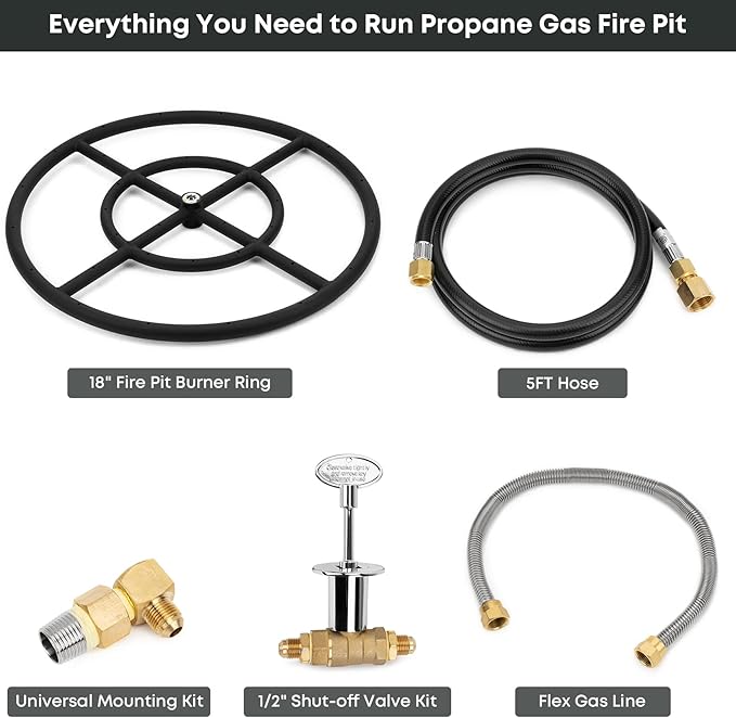 Stanbroil Natural Gas Fire Pit Burner Ring Installation Kit, Black Steel, 18-inch