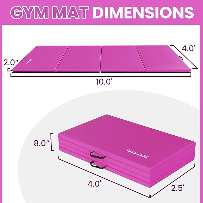 Folding Exercise Gymnastics Mat 10'x4'x2" Gym Workout Mat with Carrying Handles High-Density Anti-Tear Portable Fitness Aerobics Mats for Home Gym Yoga Pilates Tumbling MMA Core Training, Multiple Colors