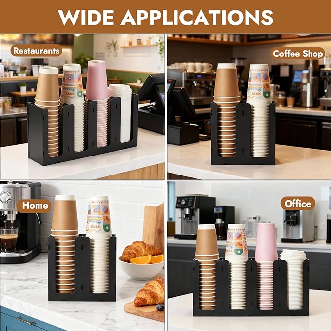 CURTA 4 Compartment Splicing Disposable Paper Cup Dispenser, Coffee and Lid Storage Organizer Holder for Countertop Bar,Restaurant,Breakroom,Party, Black