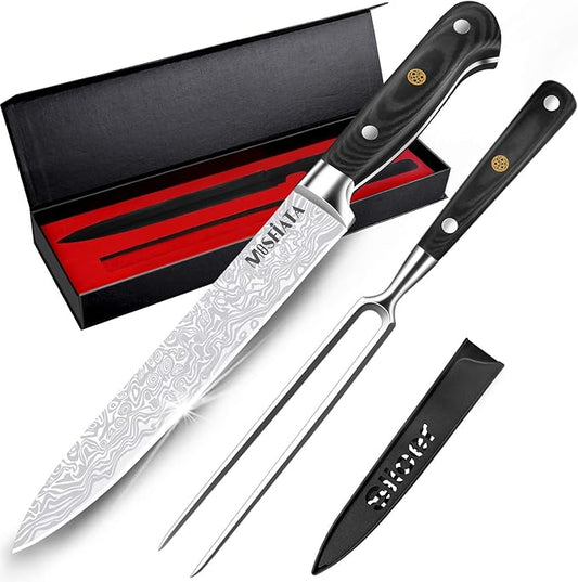 MOSFiATA 8" Carving Knife & 7" Fork Set - Premium Meat Cutting Knife, German High Carbon Stainless Steel EN.4116 BBQ Knives for Slicing Meats, Fruits & Vegetables