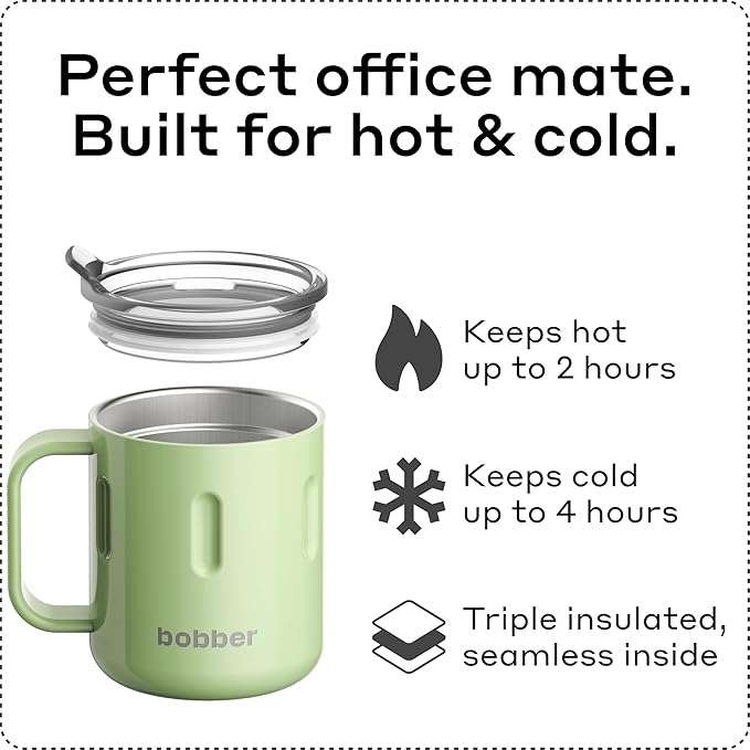 BOBBER 10 oz Insulated Tea Cup with Lid & Handle – Stainless Steel, Triple Walled Coffee Mug – Reusable Travel Mug for Hot & Cold Drinks, Perfect for Dad (Green)