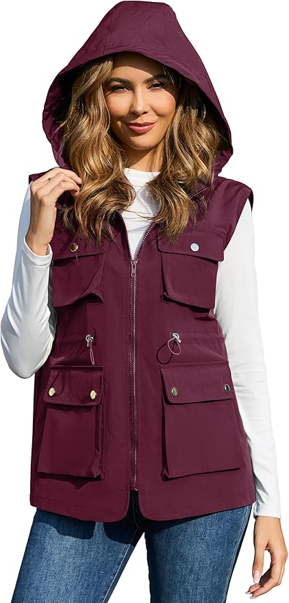 PESION Womens Packable Military Utility Vests Outerwear Waterproof Windbreaker Jacket Cargo Vest with Removable Hood