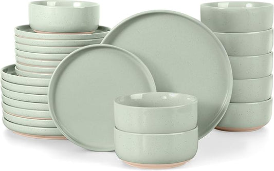 LIANYU Plates and Bowls Sets for 8, 24 Piece China Dinnerware Stoneware Set, Porcelain Dishware for Microwave, Dishwasher, Oven, High temperature Resistant, Fog Green