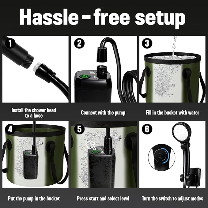 Portable Shower for Camping, 6000mAh Rechargeable Camping Shower with 5.3 Gallons Foldable Bucket, Filtered Shower Head, Outdoor Camp Shower Pump for Hiking, RV, Traveling, Car Washing, Pet Bath