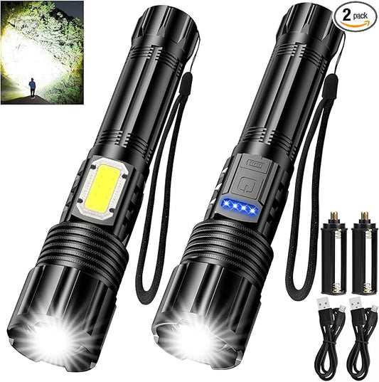 Rechargeable LED FLashlights 8000 High Lumens, Super Bright LED Tactical Flashlight with Power Display, Zoomable, with COB Light， Waterproof,Powerful Handheld Flashlight for Camping,Hiking 2 Pack
