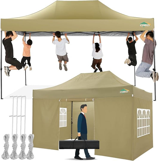 COBIZI 10x15 Pop up Canopy Tent 10x15 Canopy with 4 Sidewalls Waterproof Heavy Duty Commercial Tent for Parties Outdoor Garden Gazebo, Carry Bag(10x15ft, Khaki)