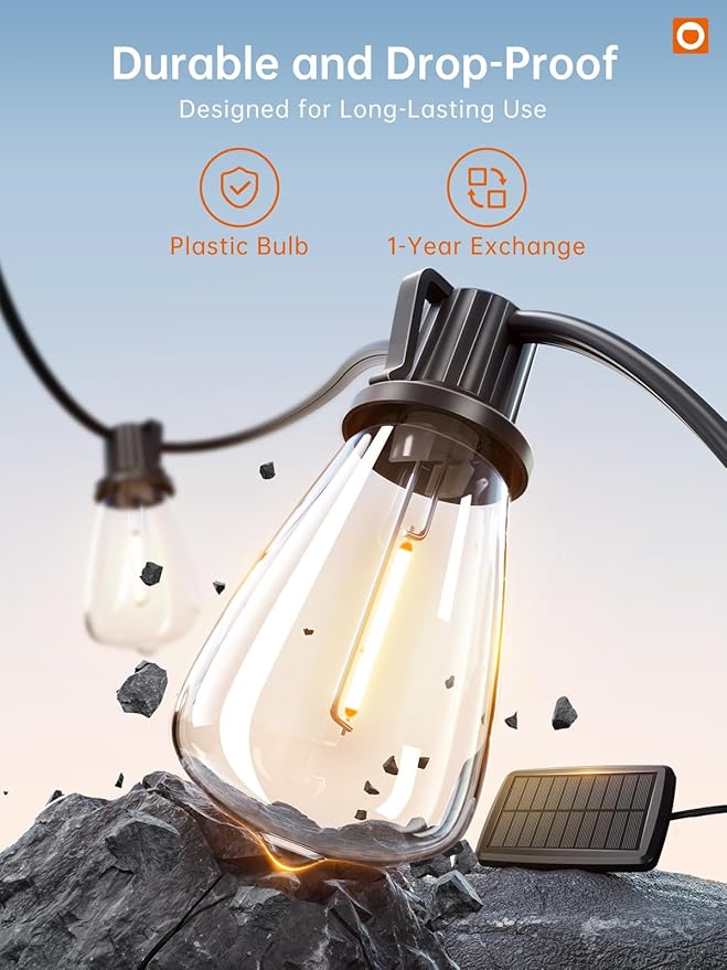 addlon 35FT Solar String Lights Outdoor, IP54 Waterproof Solar Powered with Remote & USB Port, 10+1 LED Shatterproof Bulbs, Dimmable Solar Light Outdoor for Camping Backyard Bistro Porch