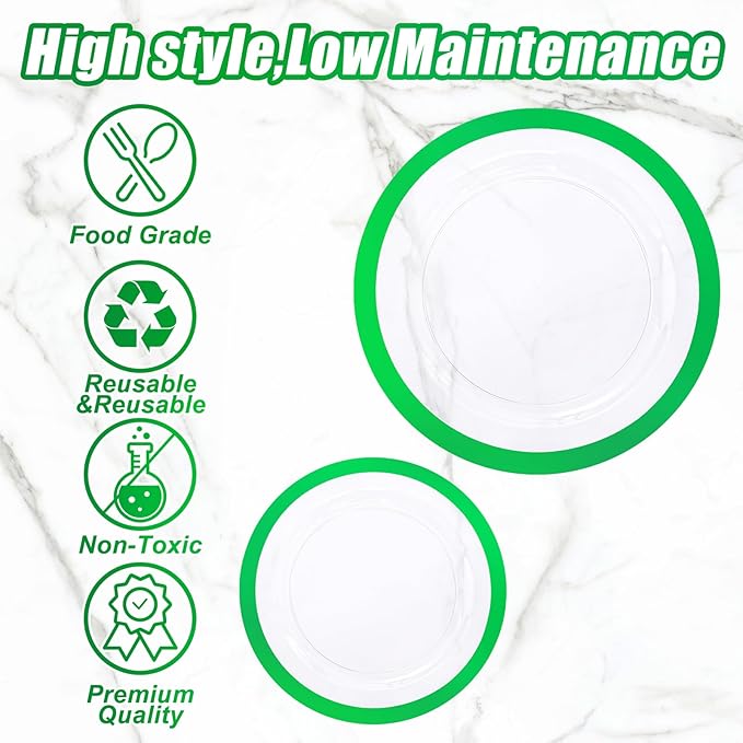 U-QE 120PCS Clear Green Plastic Plates - Clear Plastic Plate Disposable Heavy Duty- Include 60 10" Dinner and 60 7" Dessert Plates, Perfect for Party, Wedding