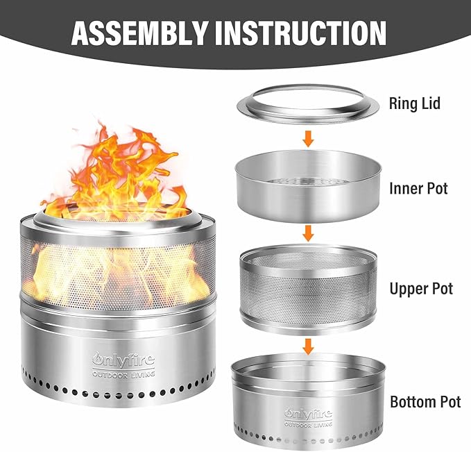 Onlyfire Wood Burning Fire Pit with Carrying Bag, 20” Detachable Portable Outdoor Firepit for Camping Tailgating Patio Backyard Bonfire Party, Perforated Smokeless Fireplace, Stainless Steel FP037