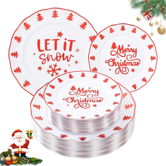 EI 60pcs Red Plastic Plates,Disposable White Plates with Red Christmas Tree,Very Suitable for Family,Hotel,Holiday Parties,Christmas and Happy New Year Gatherings.