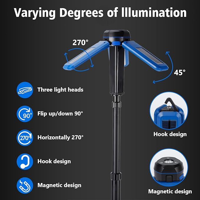 Camping Light Stand with Telescoping Pole - Rechargeable Solar Tent Lamp, Portable Cordless Camping Tent Light with 3 LED Heads, 5 Modes, 82" Tripod