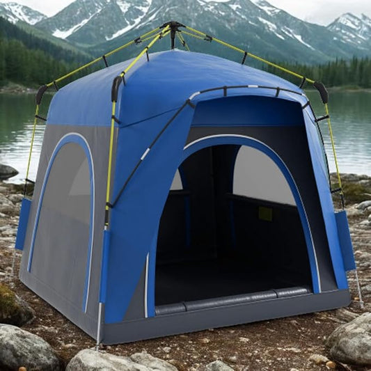 4 Person Pop Up Tent - Instant Setup Automatic Hydraulic Camping Tent for Family, 3-Season Waterproof Shelter with Windows & Carry Bag - Lightweight for Travel, Backpacking (Blue)
