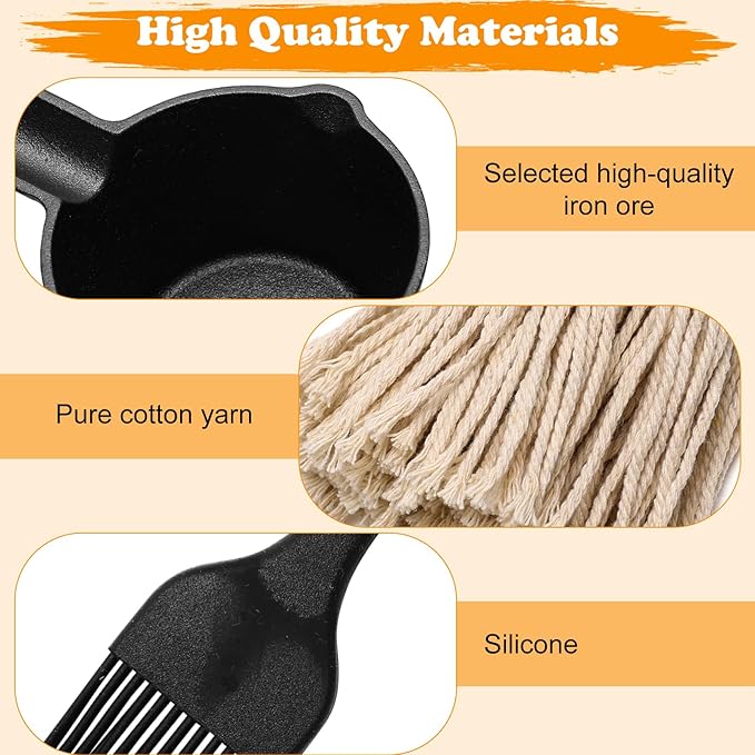 BBQ Mop Brushes for Sauce and Cast Iron Sauce Pot, 11Pcs Valuable Basting Brush Set for Grilling, BBQ Sauce Basting Mops Kit Multiple Replaceable Heads for BBQ Basting Mop