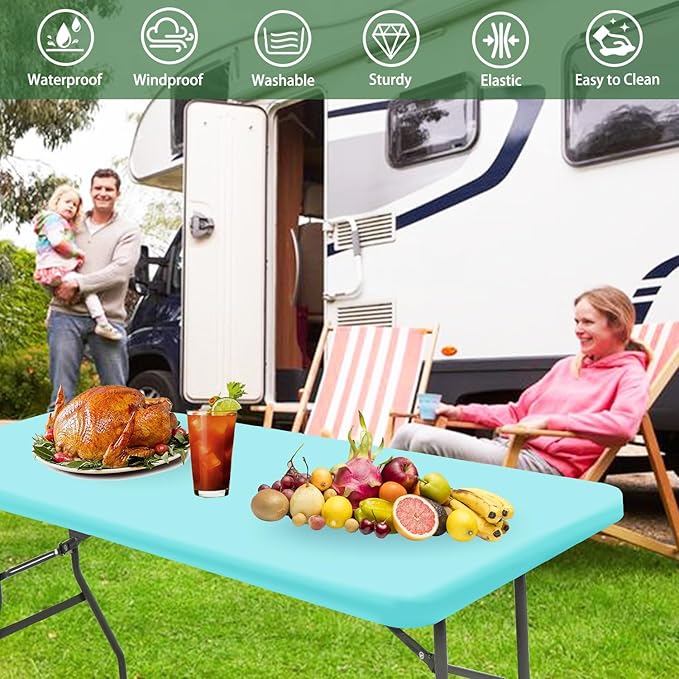 6 Pack Picnic Table Cover Elastic Fitted Tablecloths for 6 Foot Rectangle Tables Waterproof Stretch Washable Patio Folding Outdoor Spandex Tablecloth for Camping Banquet Parties (Aqua Blue,30" x 72")