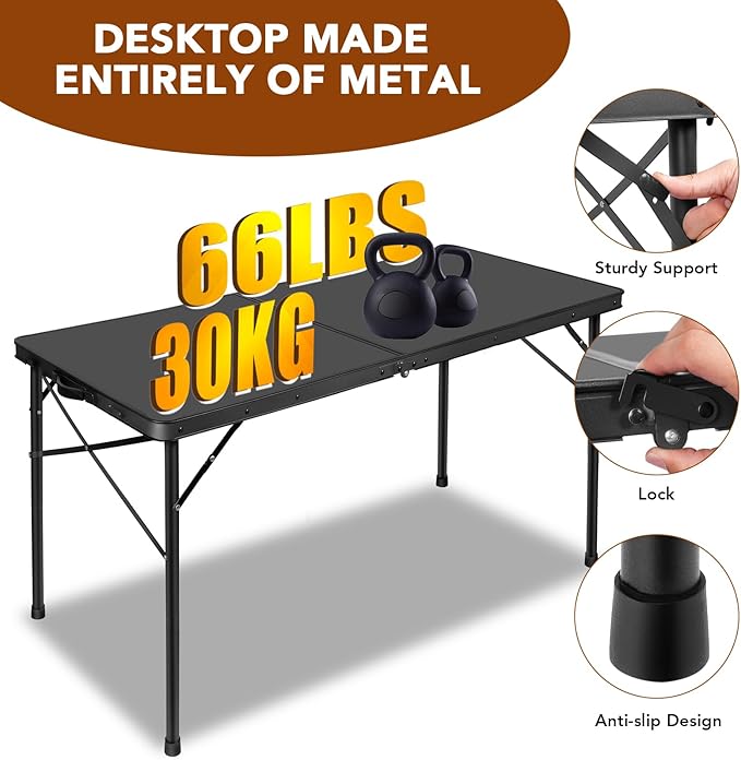 4FT Folding Table, Compact and Portable Camping Table, Adjustable Height Metal Foldable Table for Outdoor Picnic, Garden, Patio, Dining, BBQ, Party, Market (Large, Black), 47.2" x 23.6"