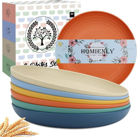 Homienly 6-Piece Wheat Straw Dinner Plates - Microwave & Dishwasher Safe, Unbreakable Kids Plates with 6 Colors (8 INCH)