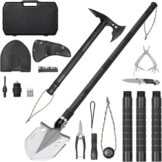 VEVOR Survival Shovel Survival Axe, 28-in-1 Camping Folding Shovels with Hatchet, Stainless Steel Tactical Shovel Hatchet Combo, Multifunctional Emergency Survival Gear Equipment for Camping Hiking