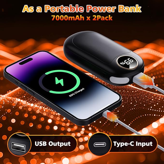 Hand Warmers Rechargeable 2 Pack, Dual Sided Electric Hand Warmer, 20Hrs Warmth, 8 Heating Mode, Portable Charging Pocket Heater for Men, Women, Raynauds, Camp, Hunting, Golf