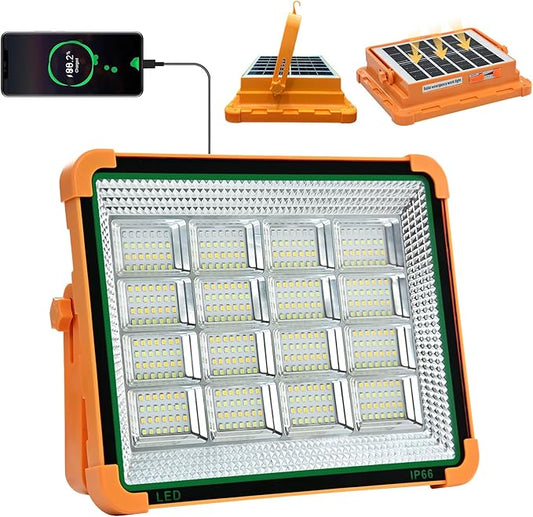 Portable Solar Rechargeable Work Light - Job Site Security Lighting with Stand, 4 Modes Waterproof Outdoor Lights, LED Cordless Flood Lights for Camping, Fish, Car Repair, Emergency Power Failure