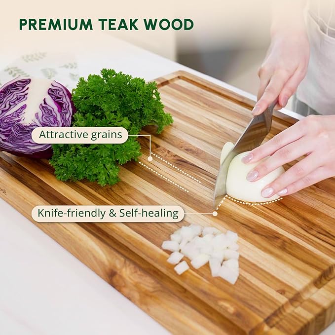 BEEFURNI Teak Wood Cutting Board with Hand Grip (L, 22x16x1.25"), Large Wooden Cutting Boards for Kitchen, Chopping Board Wood, Butcher Block, Charcuterie Board, Christmas Gifts, 1-Year Warranty