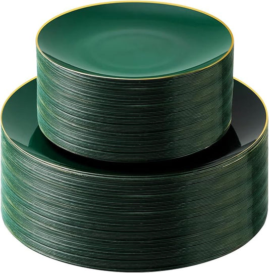 100PCS Green Gold Plastic Plates, Green Disposable Plates for Party, Wedding, Include 50 Dinner Plates, 50 Dessert Plates for 50 Guests