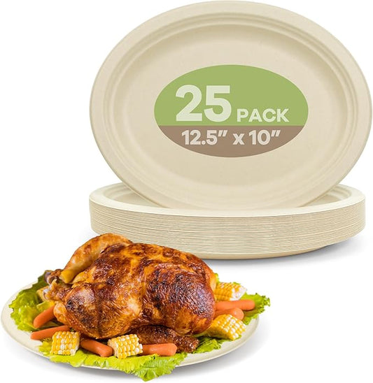 Compostable Oval Paper Plates, 12.5Inch 25Pack Disposable Heavy Duty Bagasse Platters Eco-Friendly Biodegradable Sugarcane Plates for BBQ, Party, Picnic - Natural Brown