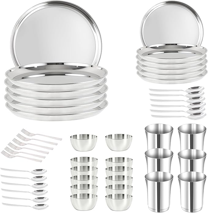 48 Pcs Stainless Steel Dinner Set - Dinnerware set including Dinner Plates, Quarter Plates, Bowls, Tumblers, Forks & Spoons - Home Kitchen Metal Camping Set - Service for 6 (Sticker Free)