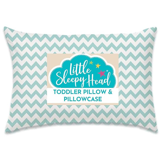 Little Sleepy Head Toddler Pillow with Pillowcase 13x18 - Kids Pillow for Sleeping - Better Neck Support Ergonomic Pillow and Toddler Pillowcase - Best Pillows for Kids (Chevron Teal)