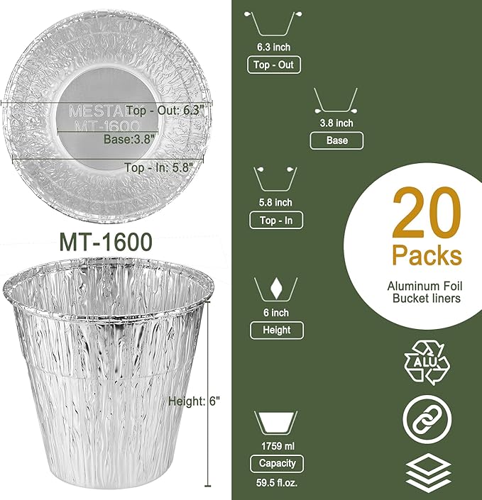 Grill Drip Bucket with 20-Pack Disposable Foil Liner,Compatible with Traeger 608/648, Pit Boss Grills, Oklahoma Joe's & Rec Tec, 6.3"x6.0", 1800ml
