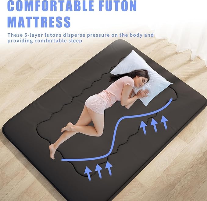 Japanese Futon Mattress, Foldable Tatami Mat Portable Dormitory Sleeping Pad with Bag & Strap, Floor Thicken Sleeping Roll up Camping Mattress (Black WS1, 60"X80")