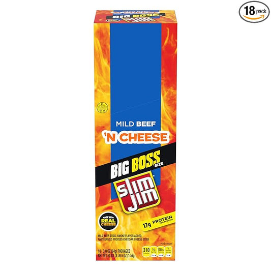Slim Jim Beef 'N Cheese Smoked Meat Sticks, Mild Flavor, High Protein, 3.0 oz. (18 Count)