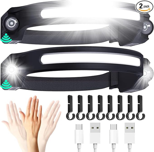 Headlamp Rechargeable 2PCS, Waterproof Head Light Flashlight, 2 XPE LED and COB LED Head Lamp, 260° Wide Beam Head Lamp, 6Mode Headlamps for Adults, Camping essentials, Fishing, Repairing, Running