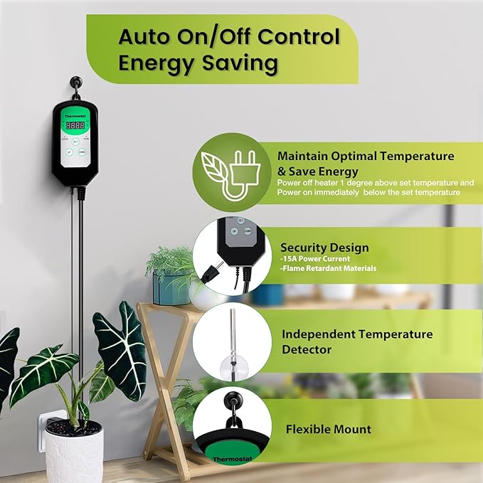 Greenhouse Heater with Thermostat, 1500W, Auto Temperature Control Kit with Digital Display, Fast Heating, Overheat Protection, for Grow Tent, Greenhouse, Flower Room, Patio, Winter Plants, YW