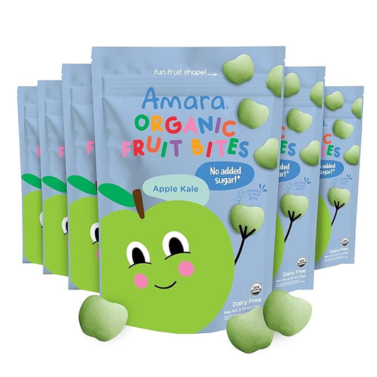 Amara Organic Fruit Bites Apple Kale - No Artificial Colors/Dyes, Added Sugar, Dairy-Free Fruit Snacks, Made with Organic Whole Foods, Healthy Fruit Snacks for Kids - 6 Pack