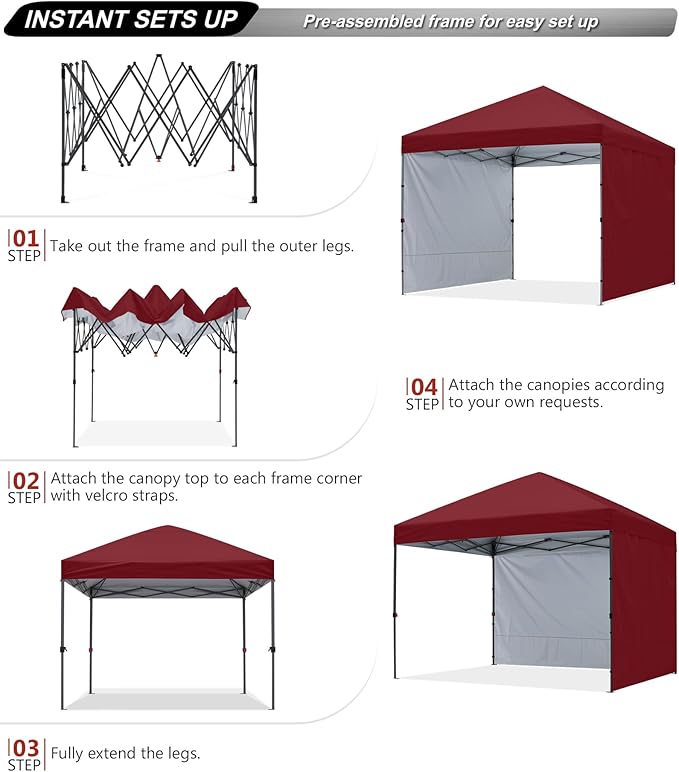ABCCANOPY Pop up Canopy Tent with 2 Sidewalls for Outdoor Sun Blocking or Rain Protection,10x10, Burgundy