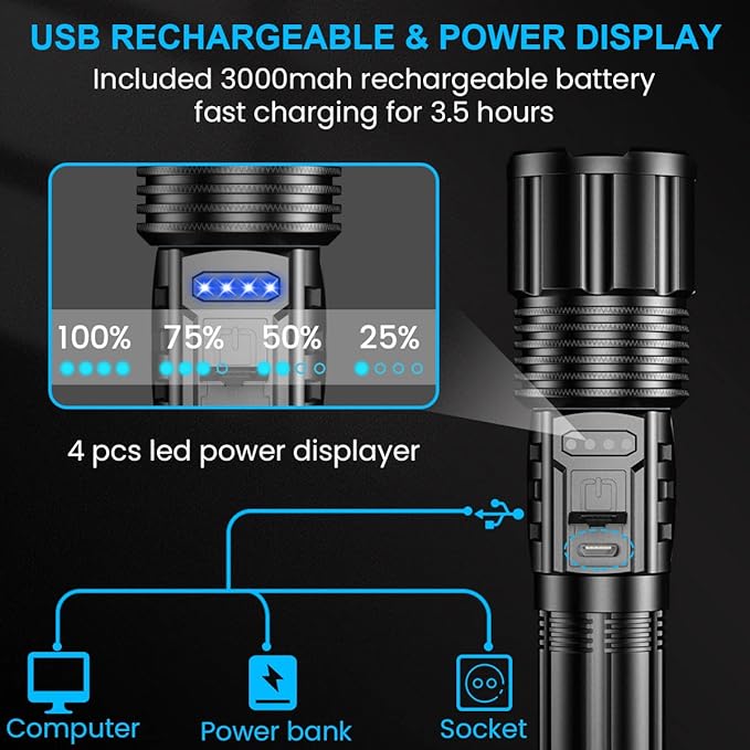 Rechargeable LED FLashlights 8000 High Lumens, Super Bright LED Tactical Flashlight with Power Display, Zoomable, with COB Light， Waterproof,Powerful Handheld Flashlight for Camping,Hiking 2 Pack