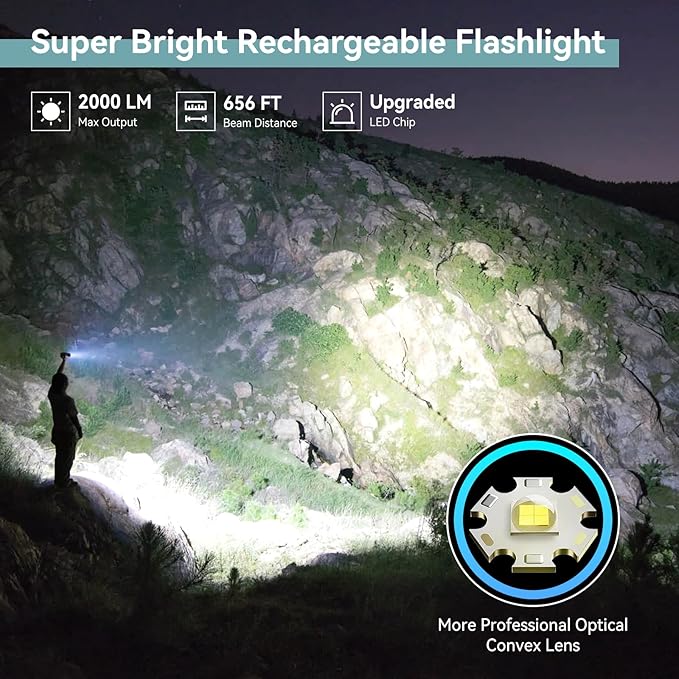 LETMY Rechargeable Flashlights High Lumens, 2 Pack 2000 Lumens Bright LED Tactical Flashlight, 3 Modes Samll Powerful Flash Lights with Clip, Waterproof Flashlights for Home Emergency Camping (Grey)